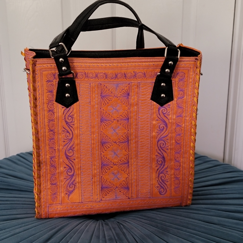 Orange and Purple Embroidered Tote Bag
